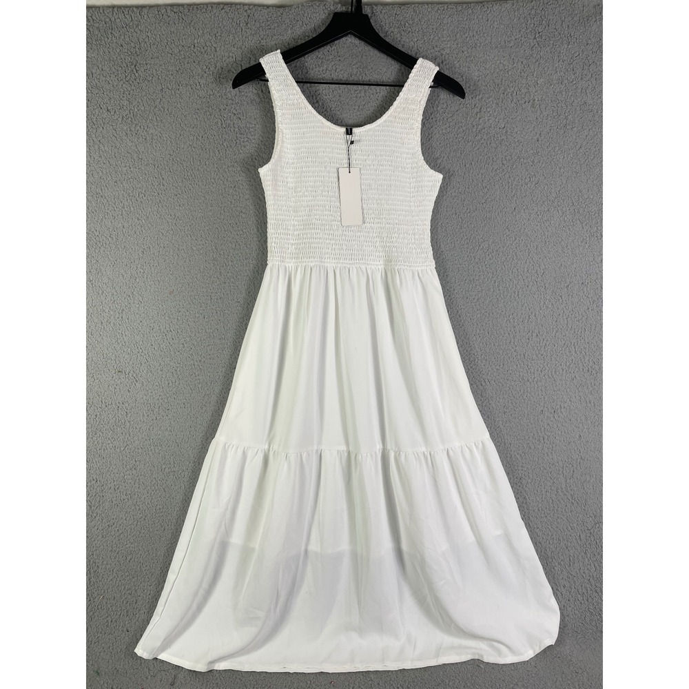 White Smocked Tiered Maxi Dress Sleeveless Beach Vacation Sundress Maggeer M New - Picture 7 of 16